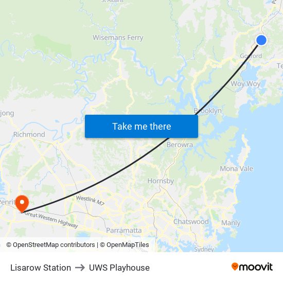 Lisarow Station to UWS Playhouse map