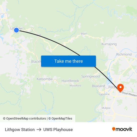 Lithgow Station to UWS Playhouse map