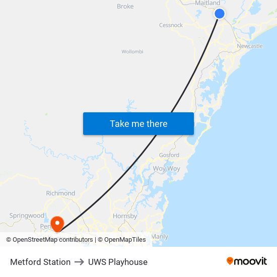 Metford Station to UWS Playhouse map