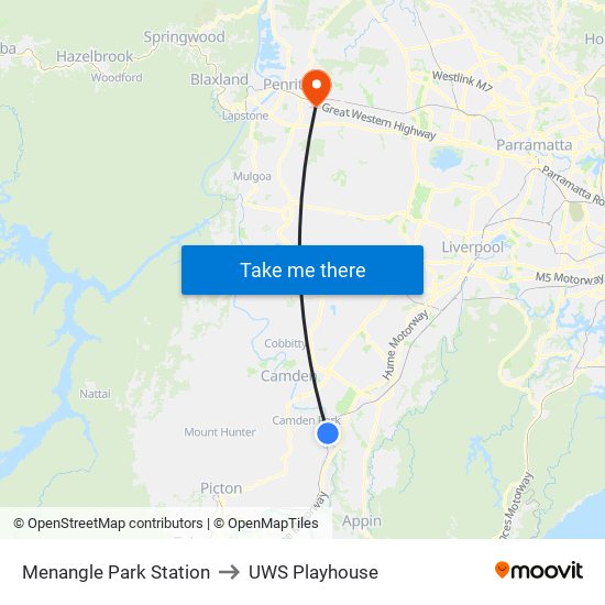 Menangle Park Station to UWS Playhouse map