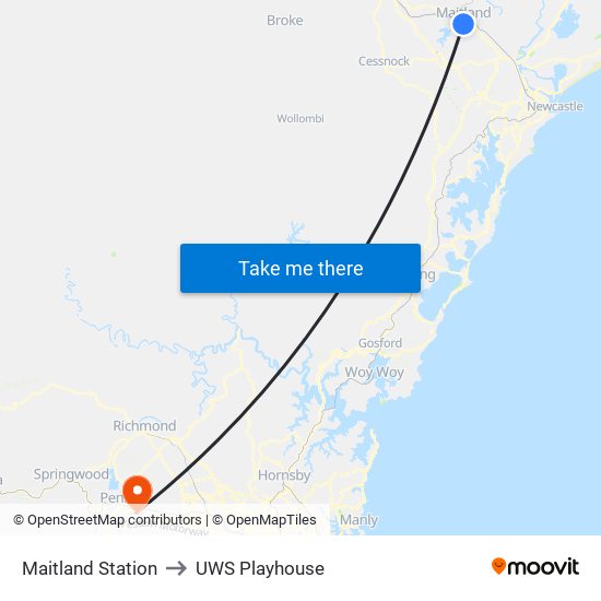 Maitland Station to UWS Playhouse map