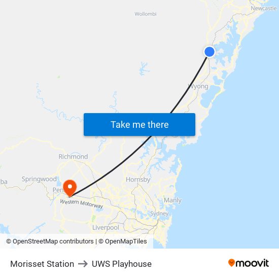 Morisset Station to UWS Playhouse map