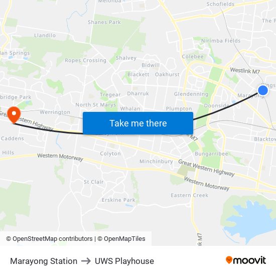 Marayong Station to UWS Playhouse map