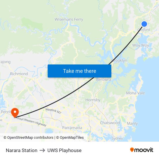 Narara Station to UWS Playhouse map