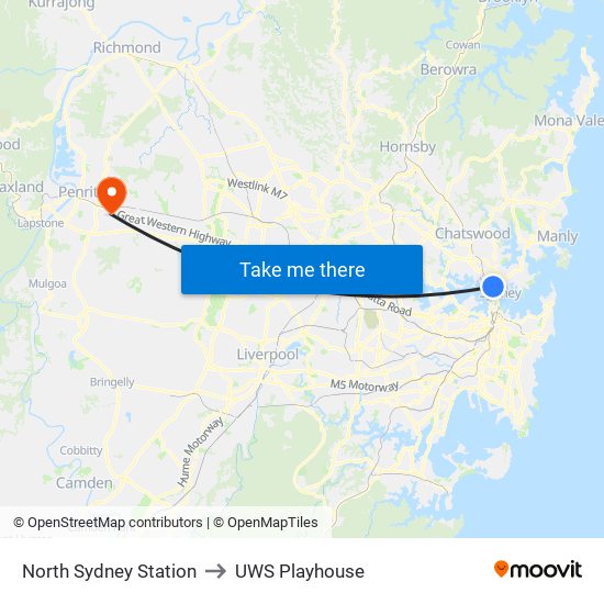 North Sydney Station to UWS Playhouse map