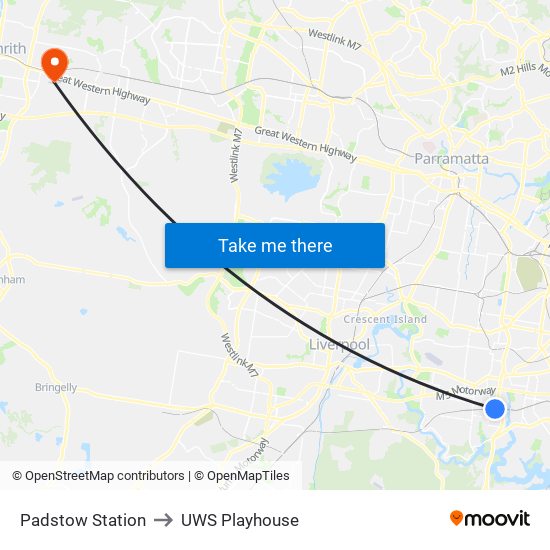 Padstow Station to UWS Playhouse map