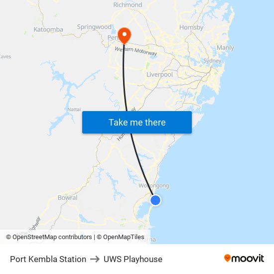 Port Kembla Station to UWS Playhouse map