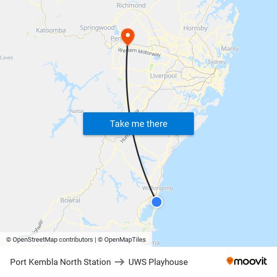 Port Kembla North Station to UWS Playhouse map