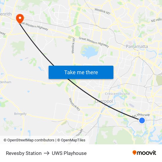 Revesby Station to UWS Playhouse map