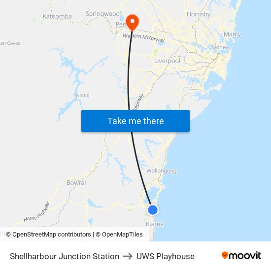 Shellharbour Junction Station to UWS Playhouse map