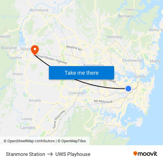 Stanmore Station to UWS Playhouse map