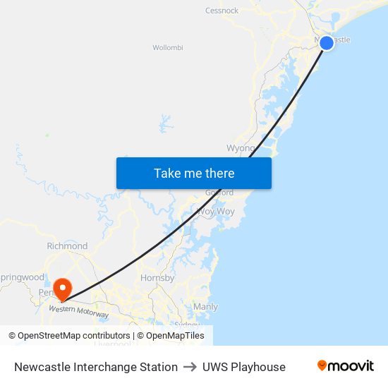 Newcastle Interchange Station to UWS Playhouse map