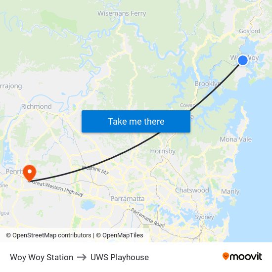 Woy Woy Station to UWS Playhouse map