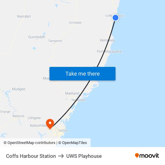 Coffs Harbour Station to UWS Playhouse map