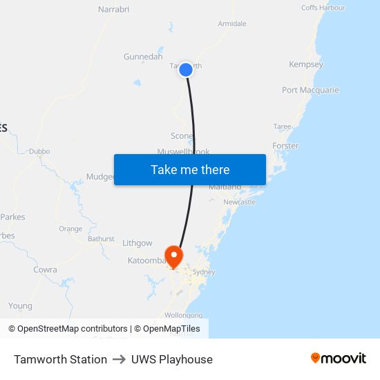 Tamworth Station to UWS Playhouse map