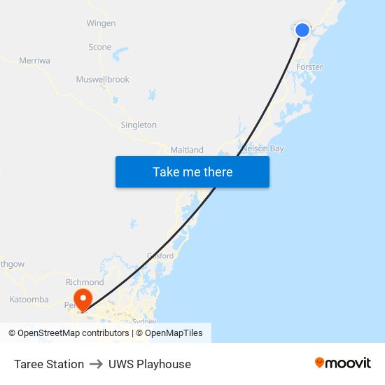 Taree Station to UWS Playhouse map