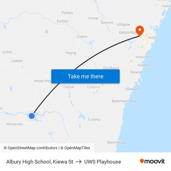 Albury High School, Kiewa St to UWS Playhouse map