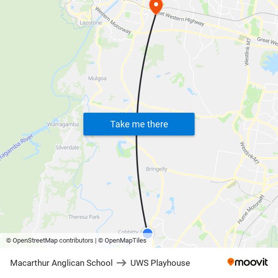 Macarthur Anglican School to UWS Playhouse map