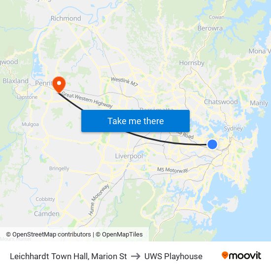 Leichhardt Town Hall, Marion St to UWS Playhouse map