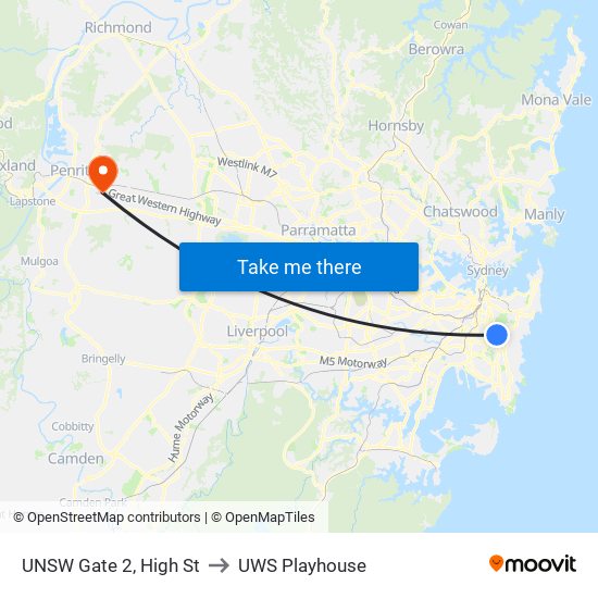 UNSW Gate 2, High St to UWS Playhouse map