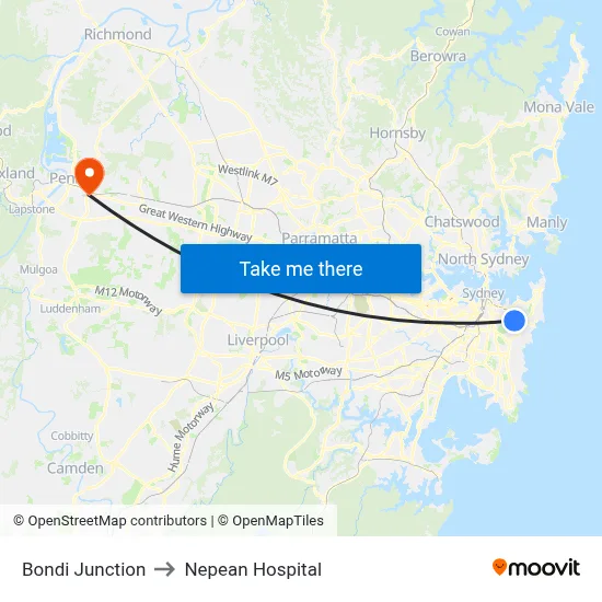 Bondi Junction to Nepean Hospital map