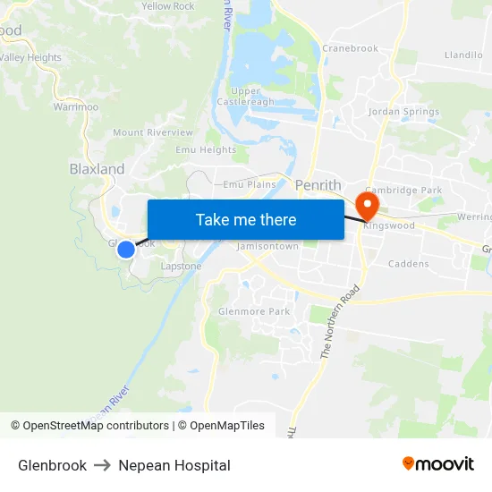 Glenbrook to Nepean Hospital map