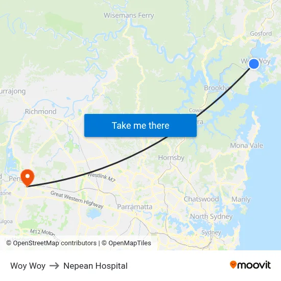 Woy Woy to Nepean Hospital map