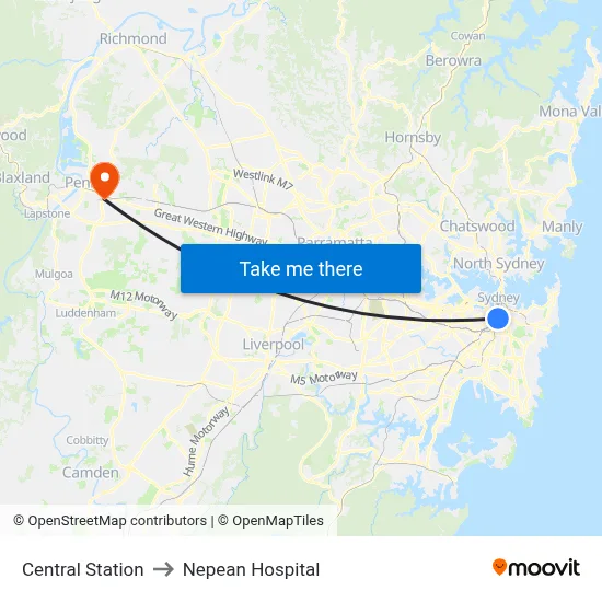 Central Station to Nepean Hospital map