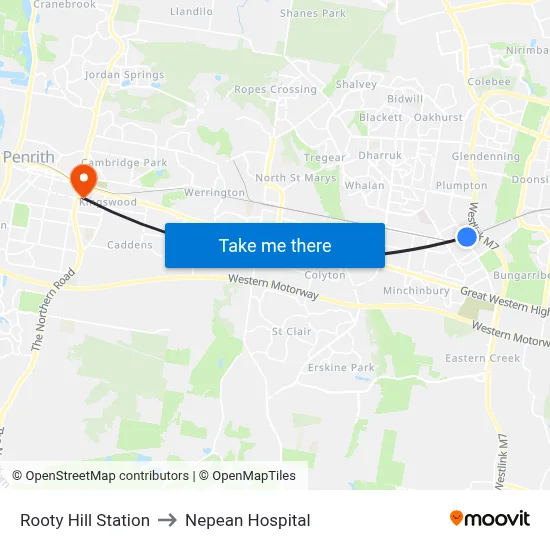 Rooty Hill Station to Nepean Hospital map