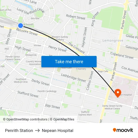 Penrith Station to Nepean Hospital map