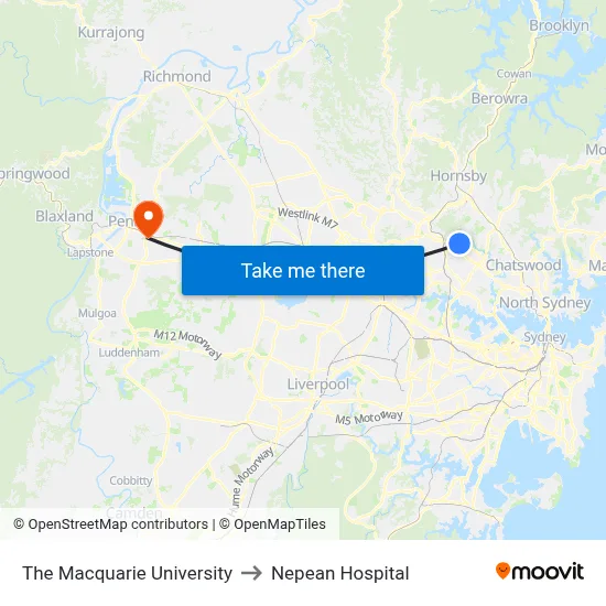 The Macquarie University to Nepean Hospital map