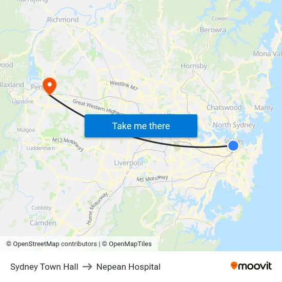 Sydney Town Hall to Nepean Hospital map