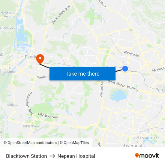 Blacktown Station to Nepean Hospital map