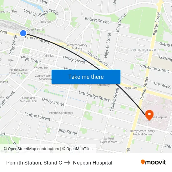 Penrith Station, Stand C to Nepean Hospital map