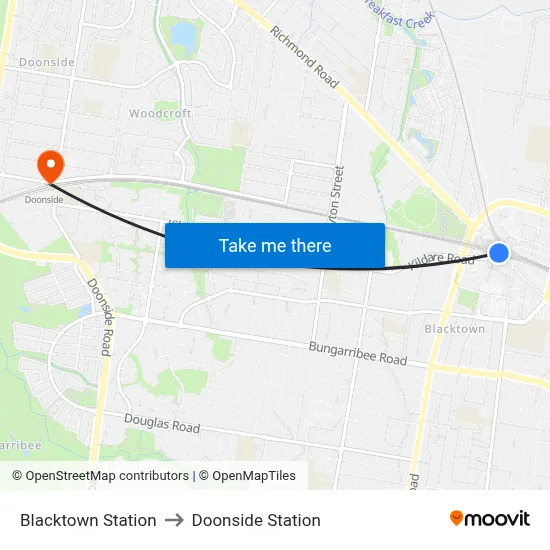 Blacktown Station to Doonside Station map
