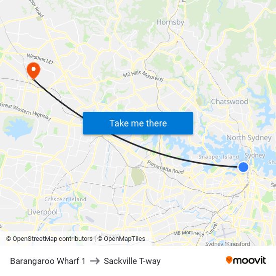 Barangaroo Wharf 1 to Sackville T-way map