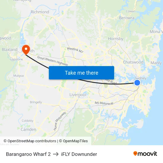 Barangaroo Wharf 2 to iFLY Downunder map