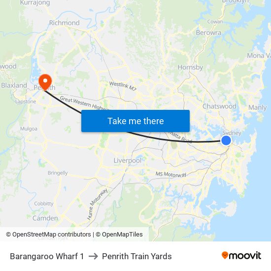 Barangaroo Wharf 1 to Penrith Train Yards map