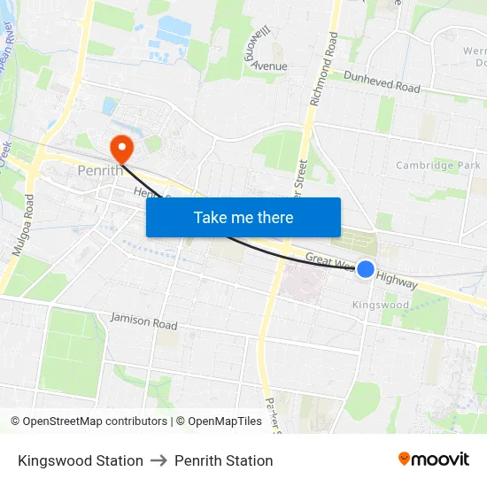 Kingswood Station to Penrith Station map