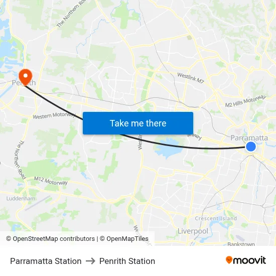Parramatta Station to Penrith Station map