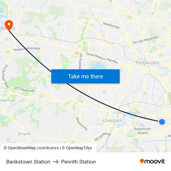 Bankstown Station to Penrith Station map