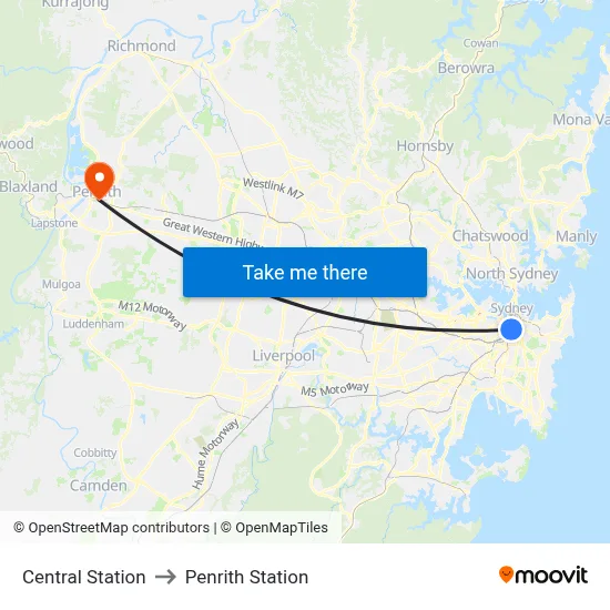 Central Station to Penrith Station map