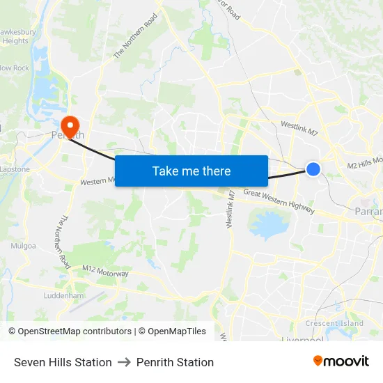 Seven Hills Station to Penrith Station map