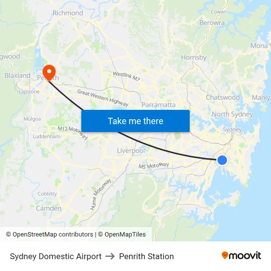 Sydney Domestic Airport to Penrith Station map