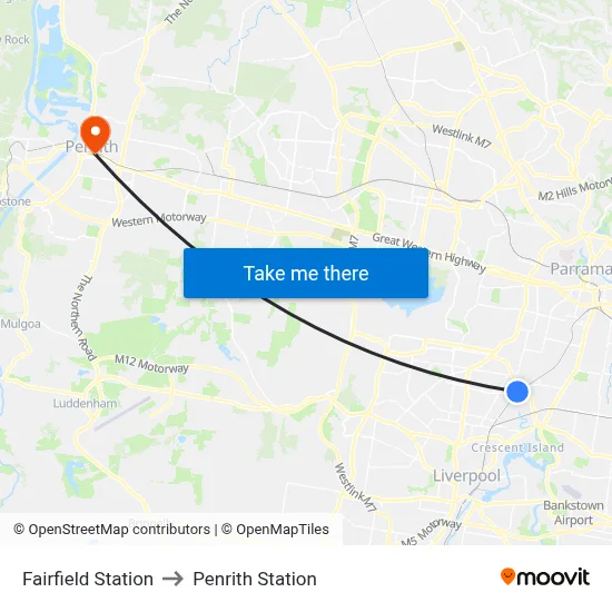 Fairfield Station to Penrith Station map