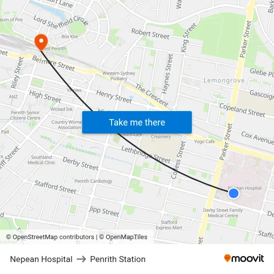 Nepean Hospital to Penrith Station map