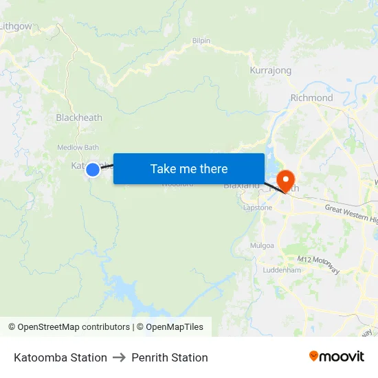 Katoomba Station to Penrith Station map