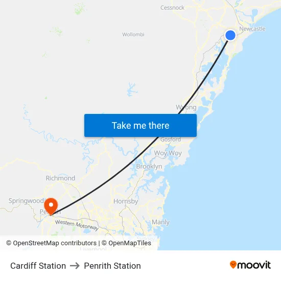 Cardiff Station to Penrith Station map