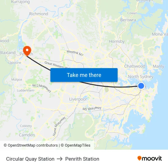 Circular Quay Station to Penrith Station map