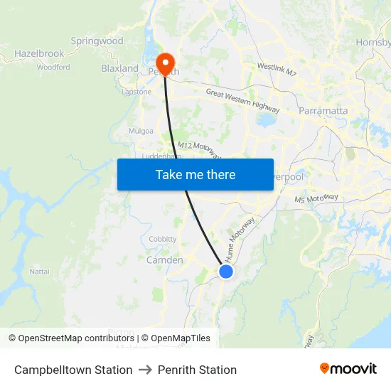 Campbelltown Station to Penrith Station map